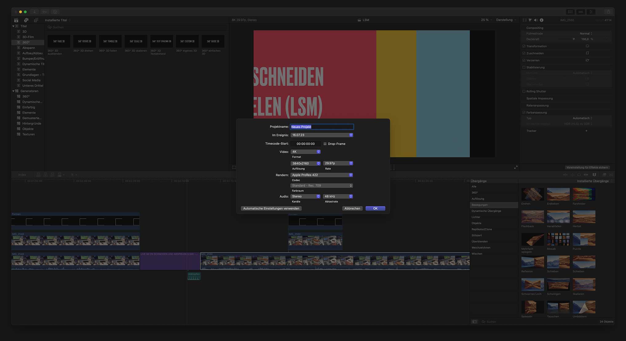 Final Cut Pro neues Projekt anlegen
