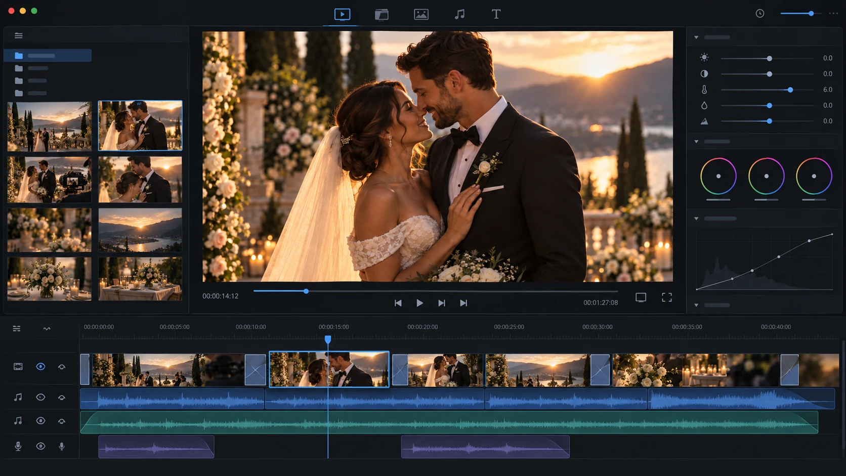 KI-generierte illustrative Referenz einer Videoeditor-Oberfläche mit derselben Hochzeitsszene; keine echten Schnittdaten.
